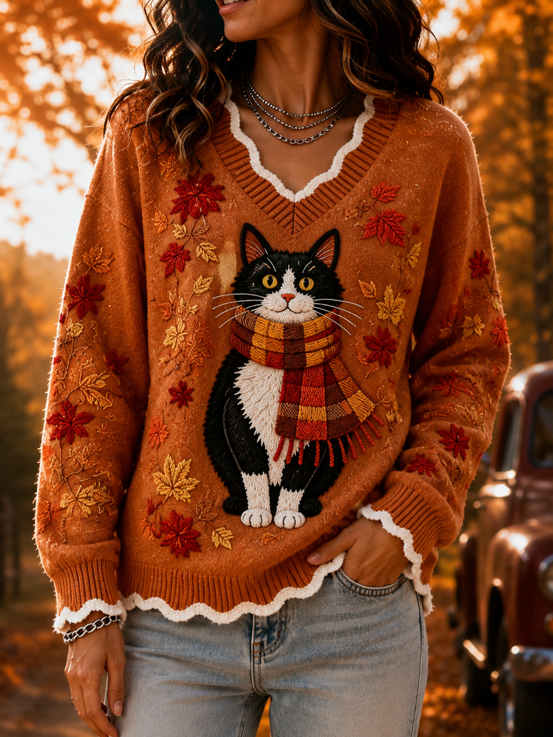 Women's Fall Cat Print Knit Sweater